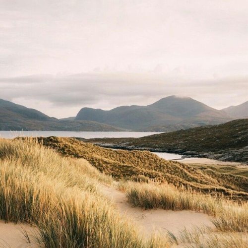 Scenic coastal dunes and mountains at golden hour